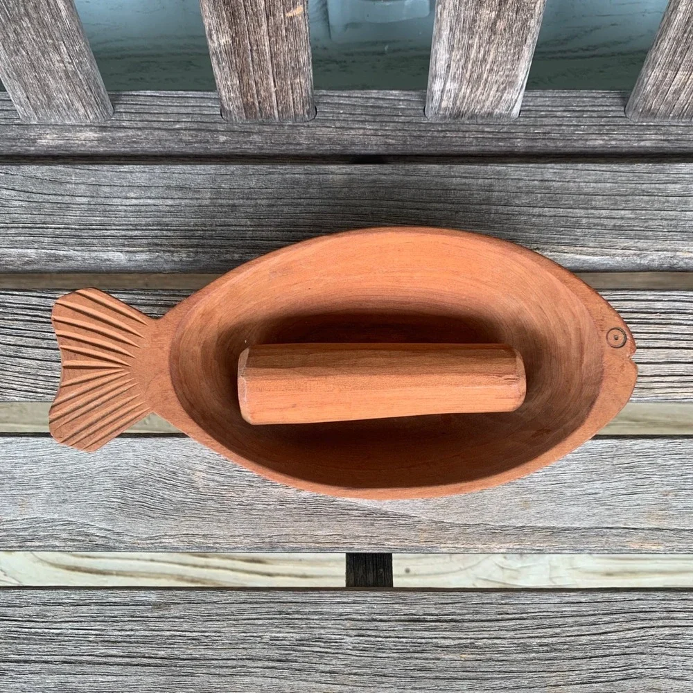 VTG Hand Carved Wooden Fish Mortar and Pestle Set MCM Nautical Coastal Decor